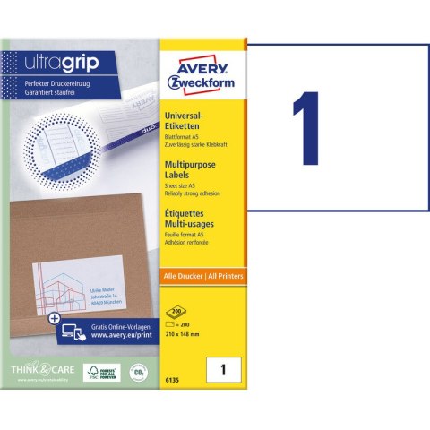 ETYKIETY A5 AVERY 210*148mm BIAŁE (200) Avery Zweckform