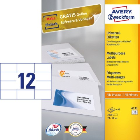 ETYKIETY A5 AVERY 70*36mm BIAŁE (200) Avery Zweckform