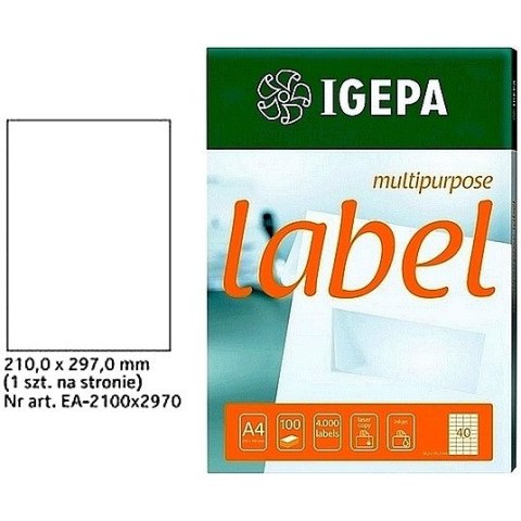 ETYKIETY A4 IGEPA 210*297mm BIAŁE (100) Igepa